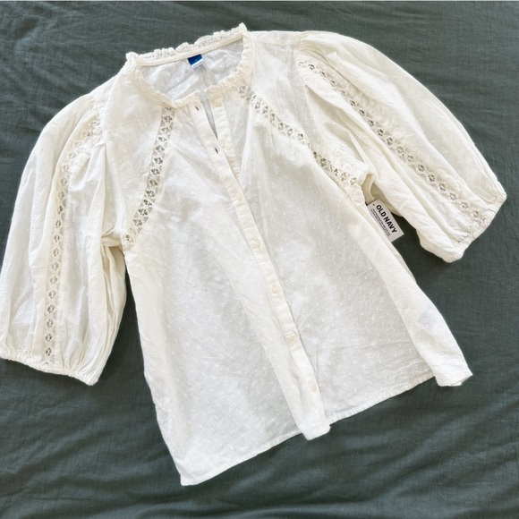 Old Navy Womens Medium Ivory Swiss Dot Boho Cottagecore Indian Cotton Shirt New - Picture 1 of 7